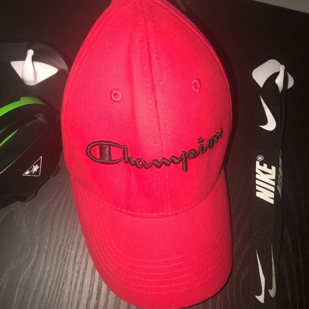 Red Champion hat.